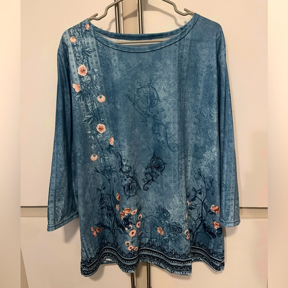 Blue and Pink Boxy Blouse with Embellished 3/4 Sleeves